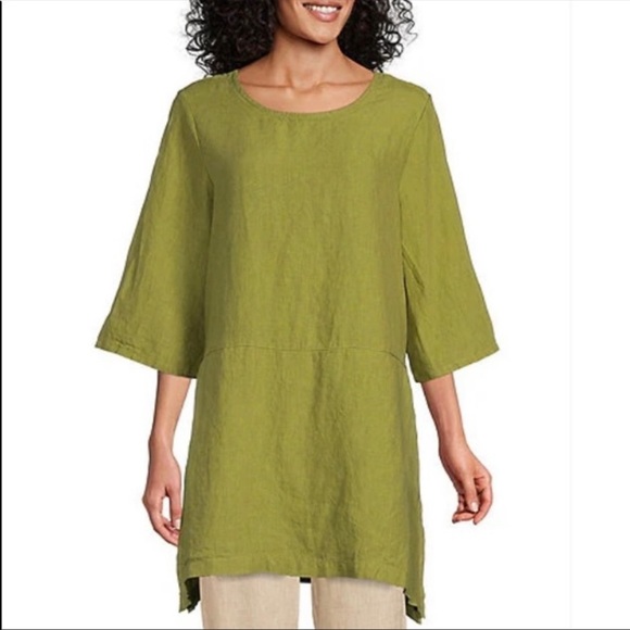 Bryn Walker Bre Cross Dyed Linen 3/4 sleeve Round Neck Side Slit tunic